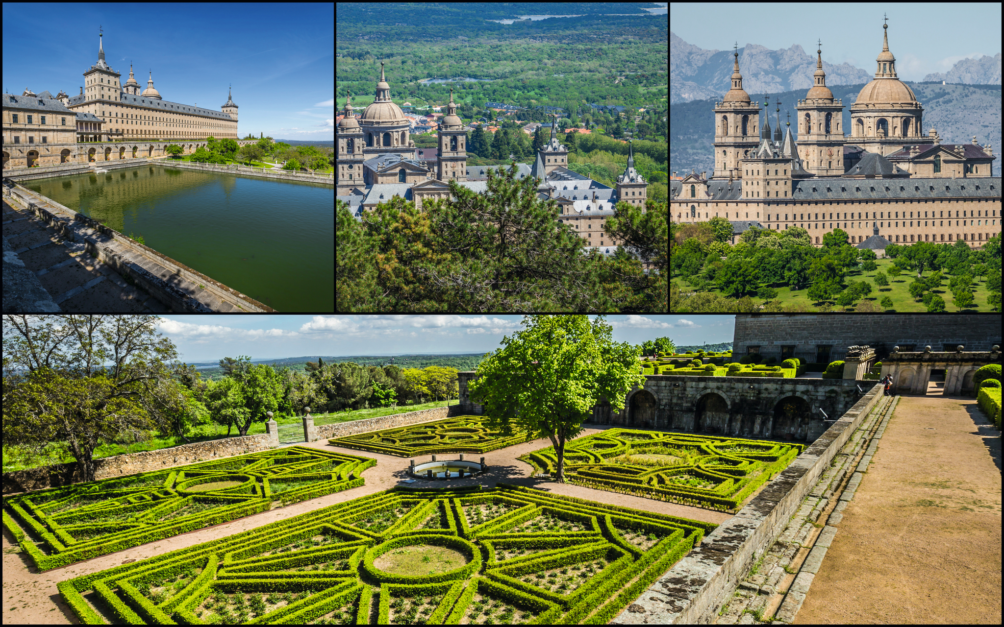 Kollage von El Escorial, inklusive Gebäude und Gärten.