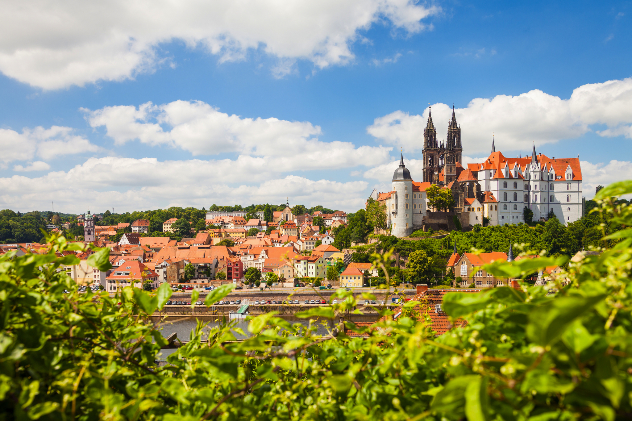 Eine malerische Stadtansicht mit einem historischen Schloss auf einem Hügel, umgeben von roten Dächern und Natur, unter einem blauen Himmel mit weißen Wolken.