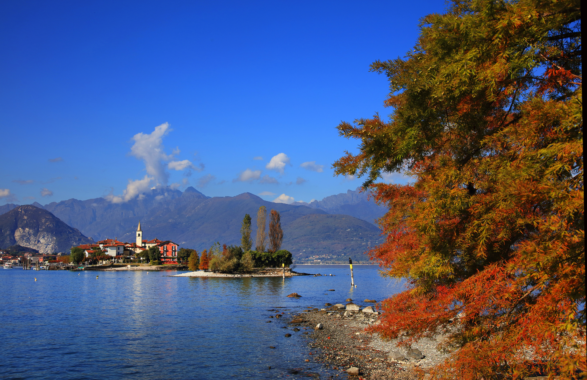Seeufer mit Herbstbäumen und Berg im Hintergrund