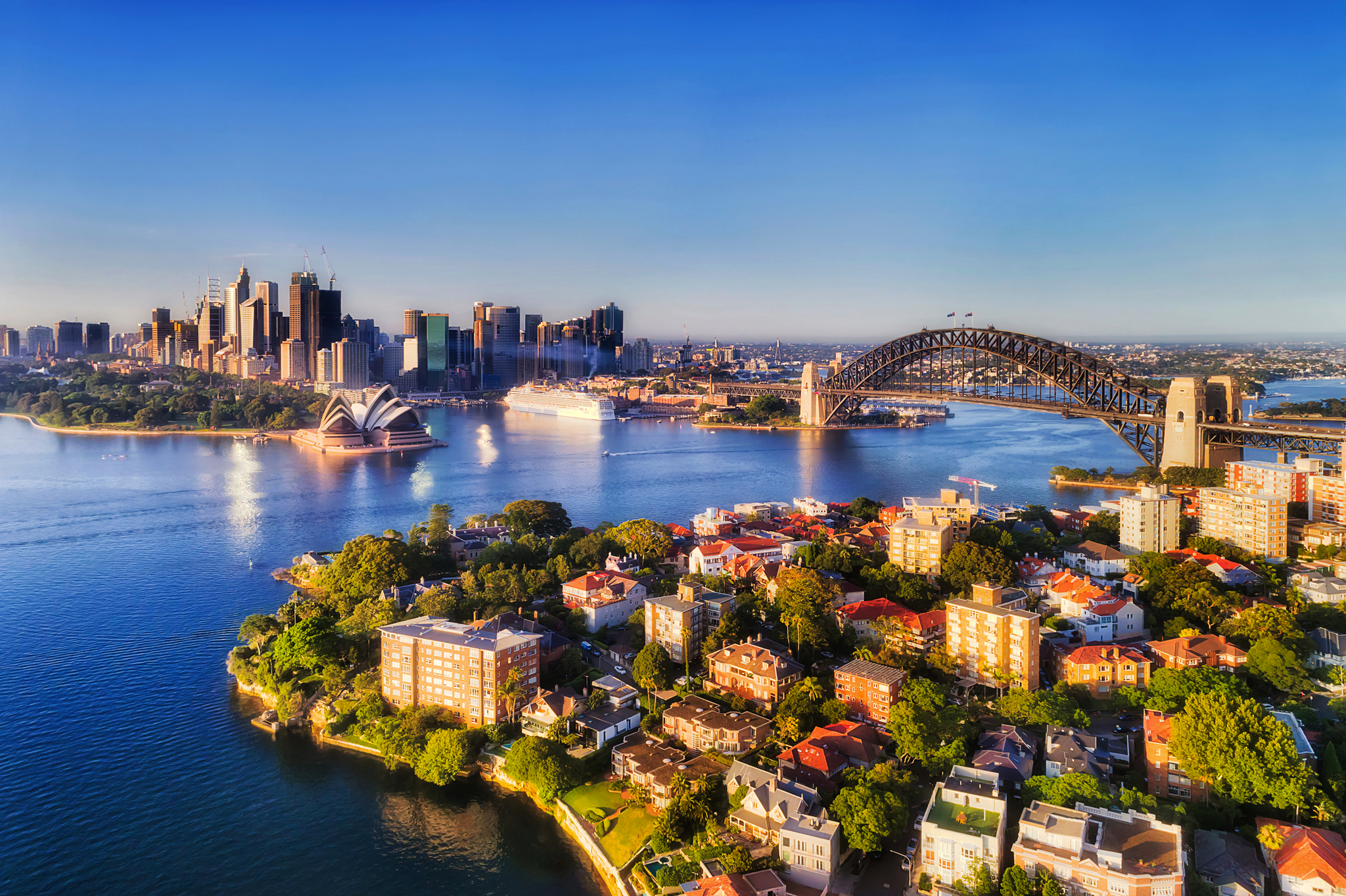 Luftaufnahme von Sydney mit Opernhaus und Hafenbrücke bei klarem Himmel.