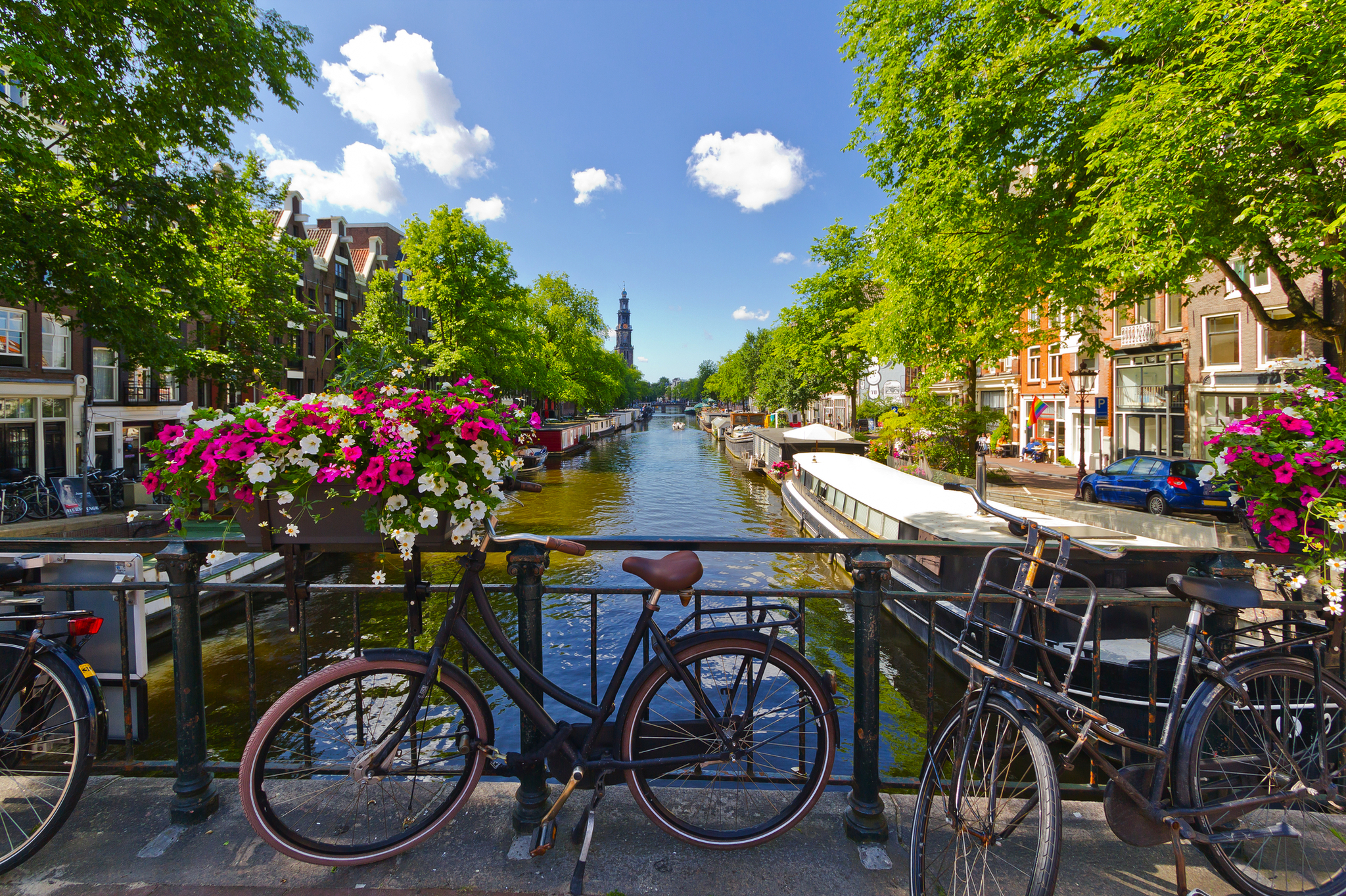 Fahrrad auf Brücke mit Blumenkästen, Blick auf Kanal und Gebäude in Amsterdam.