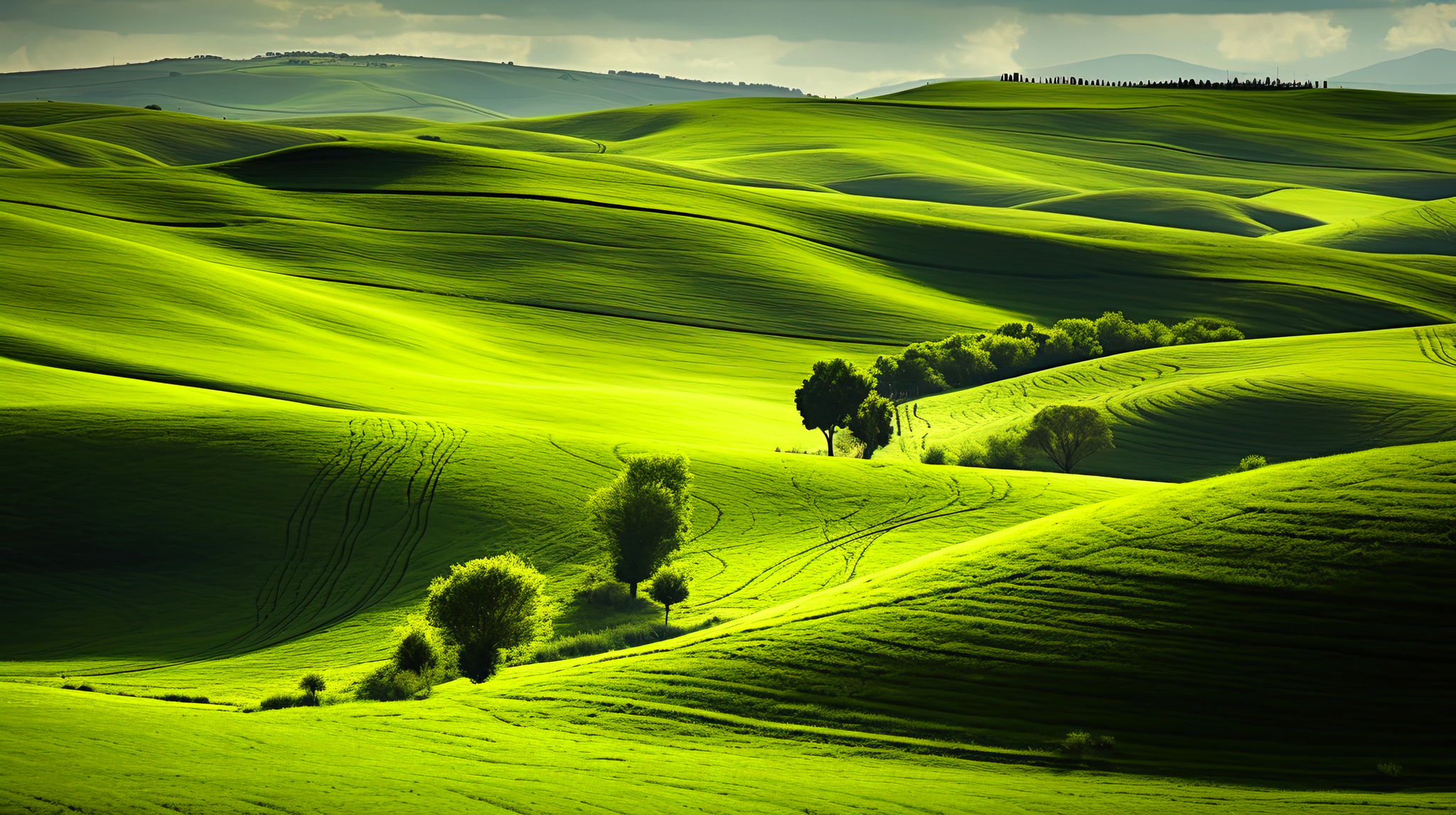 Grüne Hügel in der Toskana mit einer weitläufigen ländlichen Landschaft.
