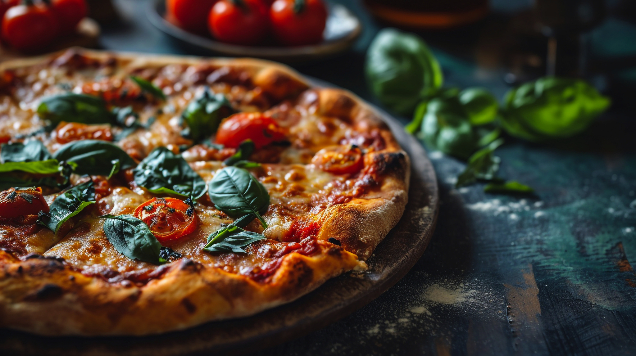 Frische Pizza mit Tomaten und Basilikum auf einem rustikalen Holztisch.