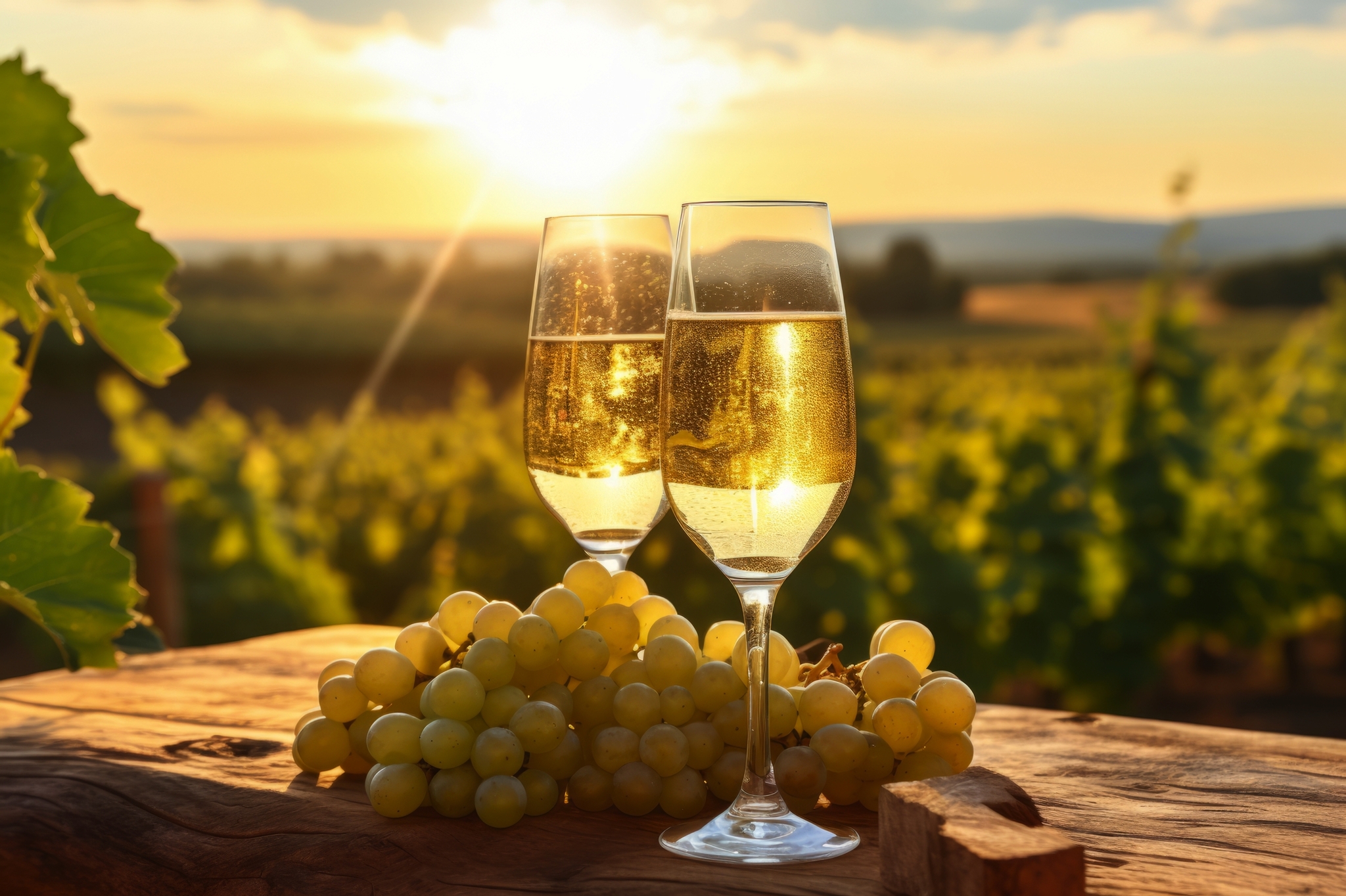 Zwei Weingläser und Trauben im Sonnenuntergang vor einem Weinberg.