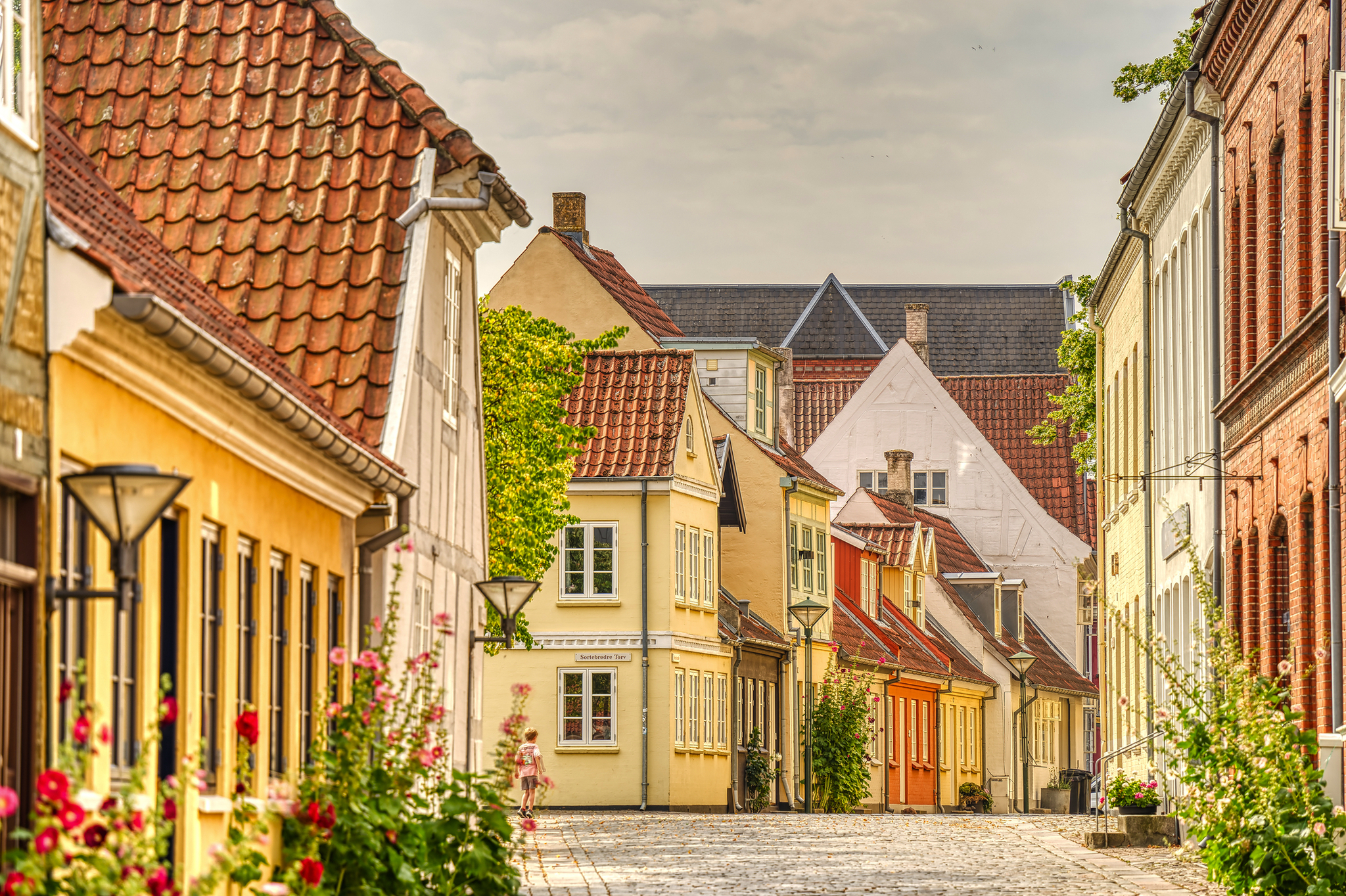 Malerische Straße mit bunten, historischen Gebäuden und Kopfsteinpflaster.