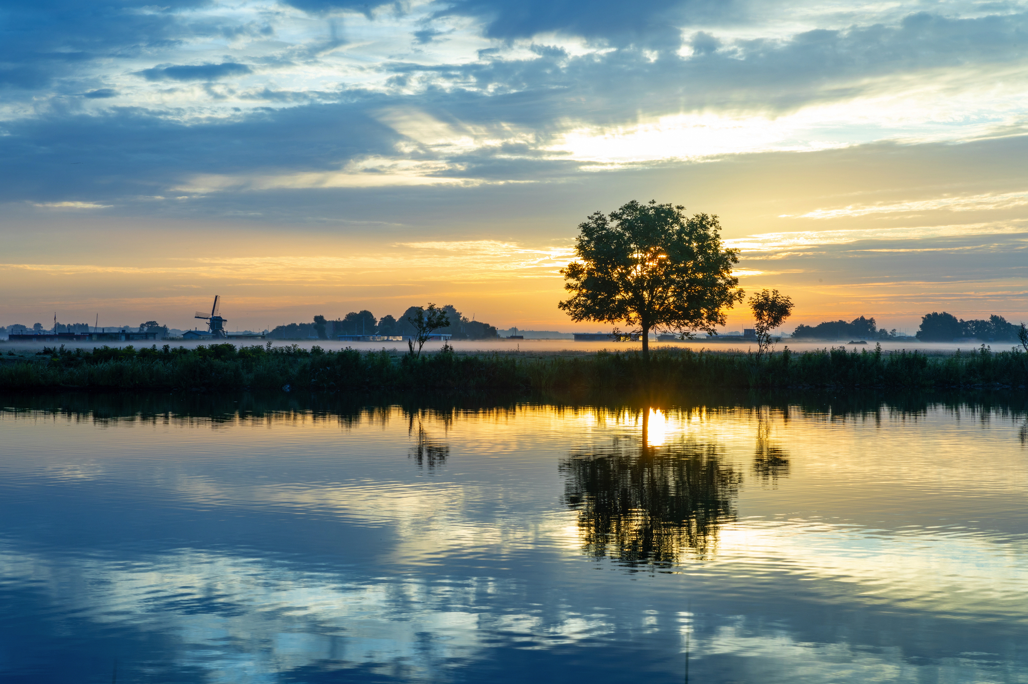 Sonnenaufgang über einem ruhigen See mit Baum und Wolkenreflexionen.