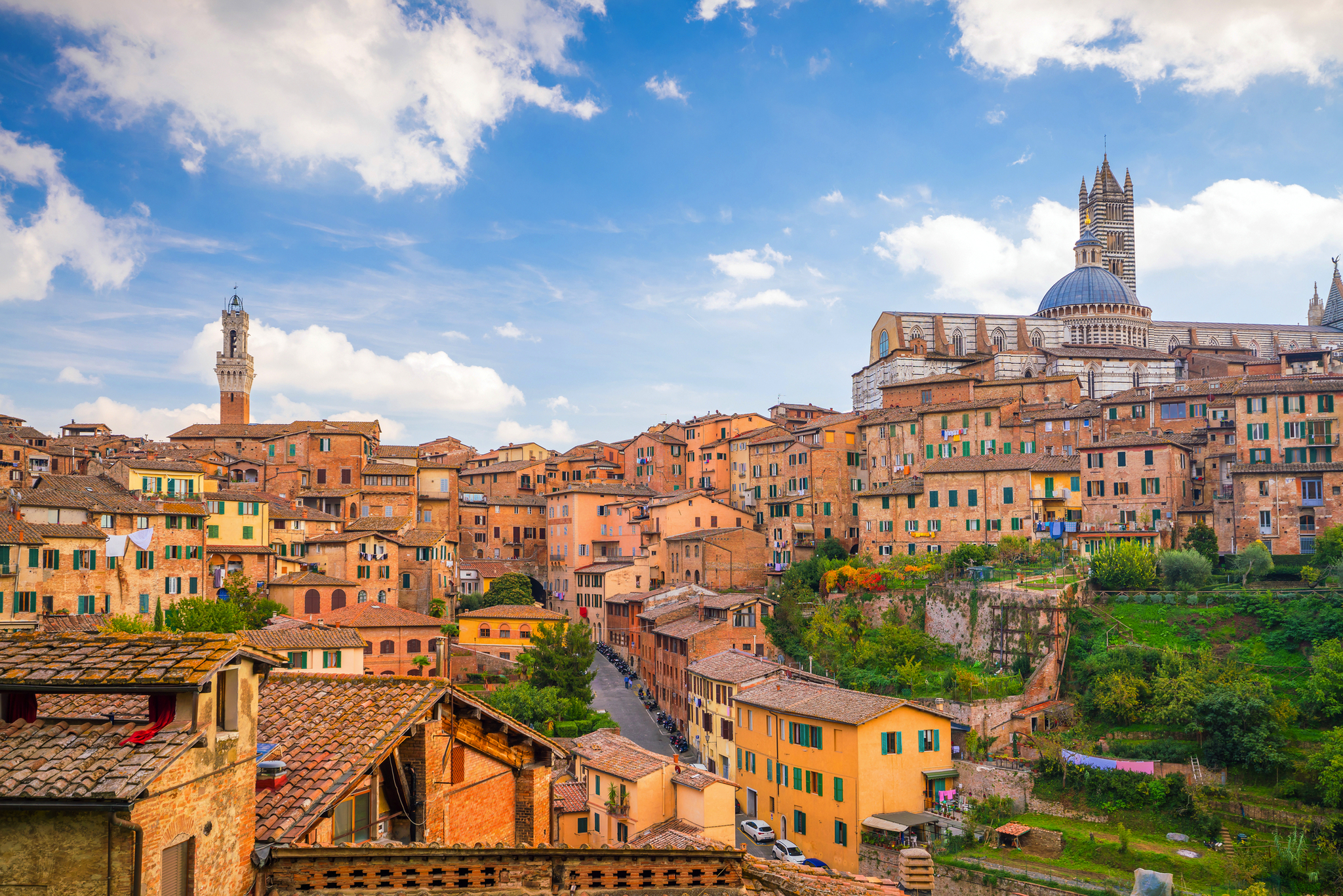 Stadtansicht von Siena, Italien, mit Kirche und historischen Gebäuden unter blauem Himmel