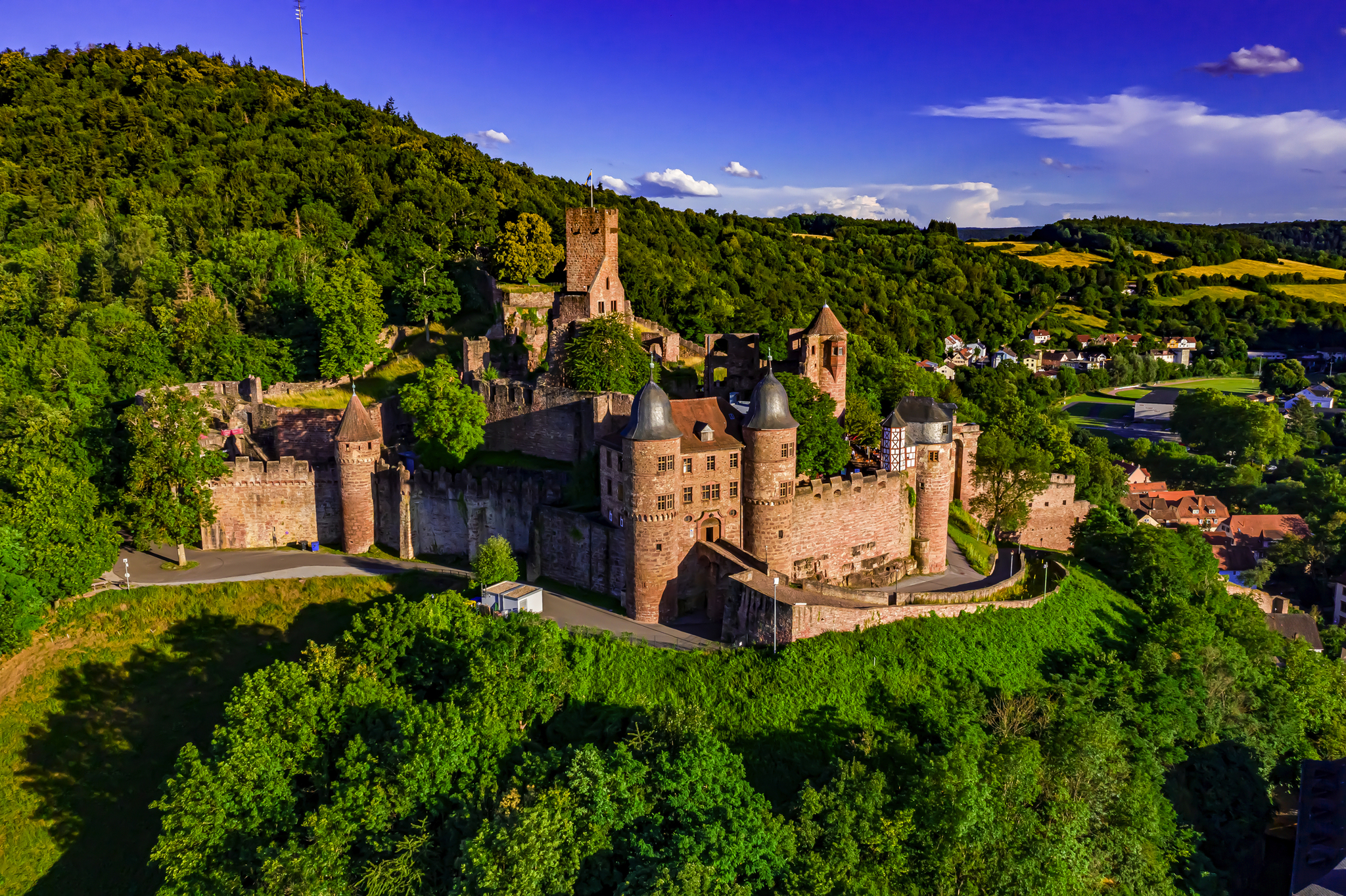 Luftaufnahme einer alten Burg in einer bewaldeten Landschaft im Sommer.