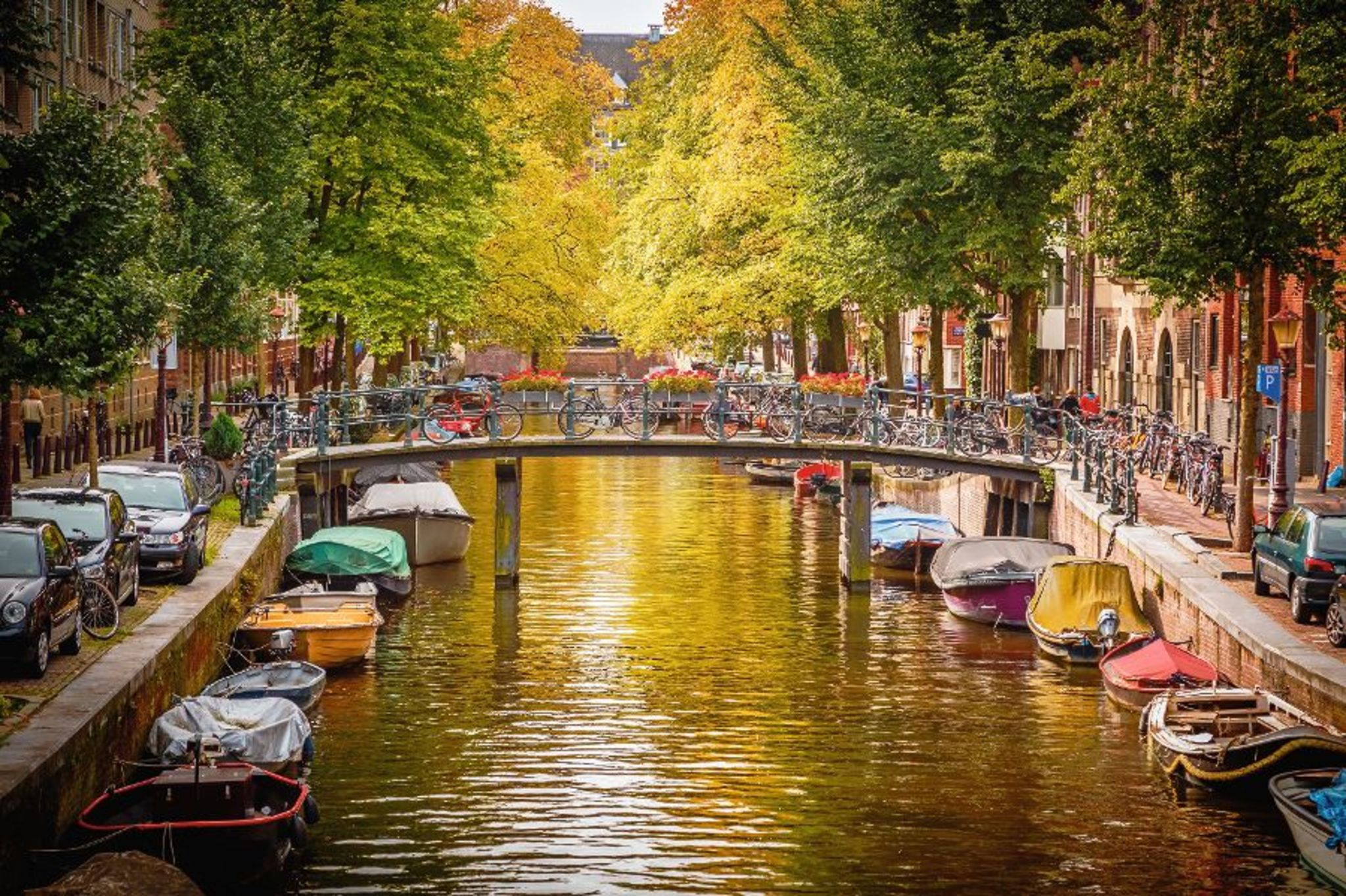 Kanal mit Brücke und Fahrrädern, flankiert von bunten Bäumen und Gebäuden.