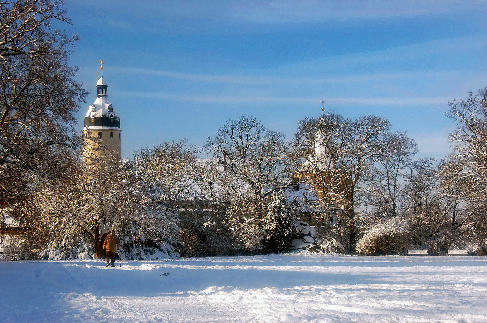 Verschneites Schloss mit Bäumen und blauem Himmel im Hintergrund.