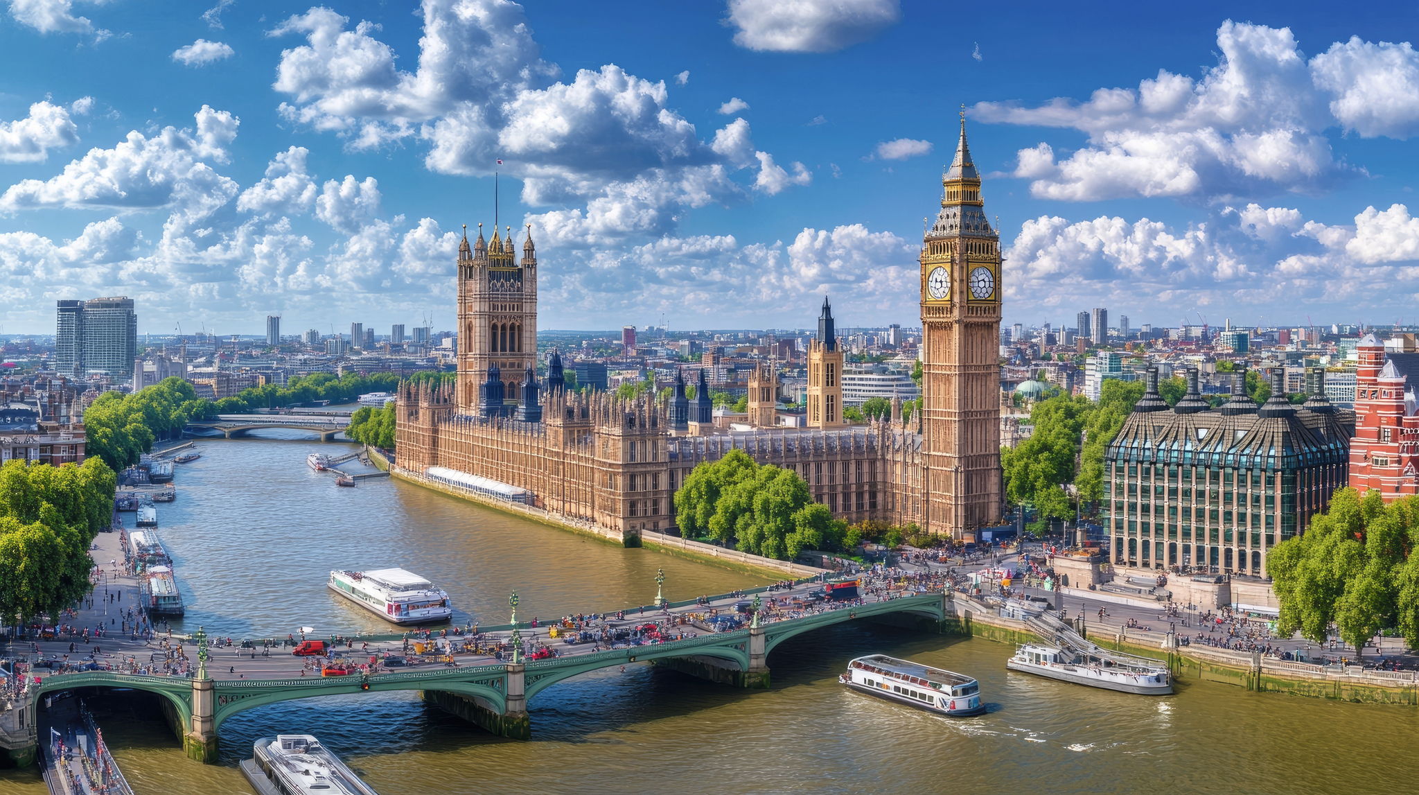 Ansicht des Londoner Parlamentsgebäudes und der Westminster Bridge über die Themse.