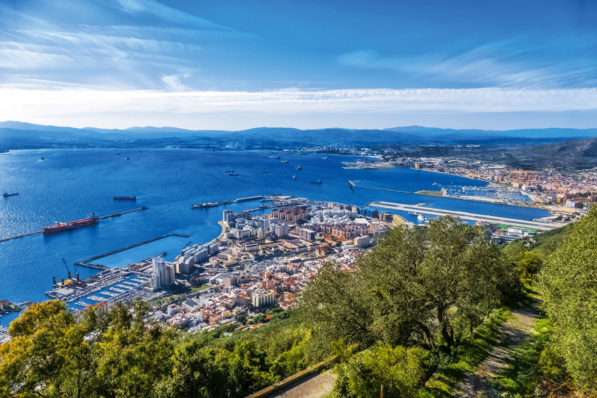 Wunderschöner Blick auf eine Küstenstadt mit Hafen und vielen Gebäuden.