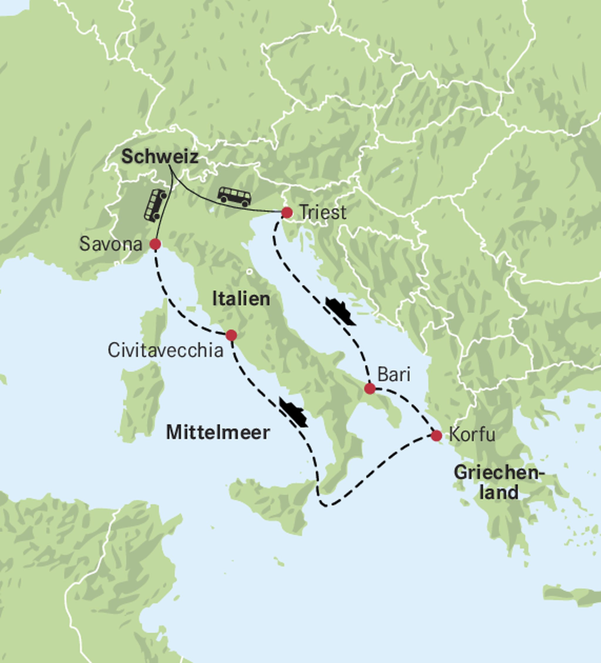Karte Triest, Bari, Korfu, Civitaveccia, Savona