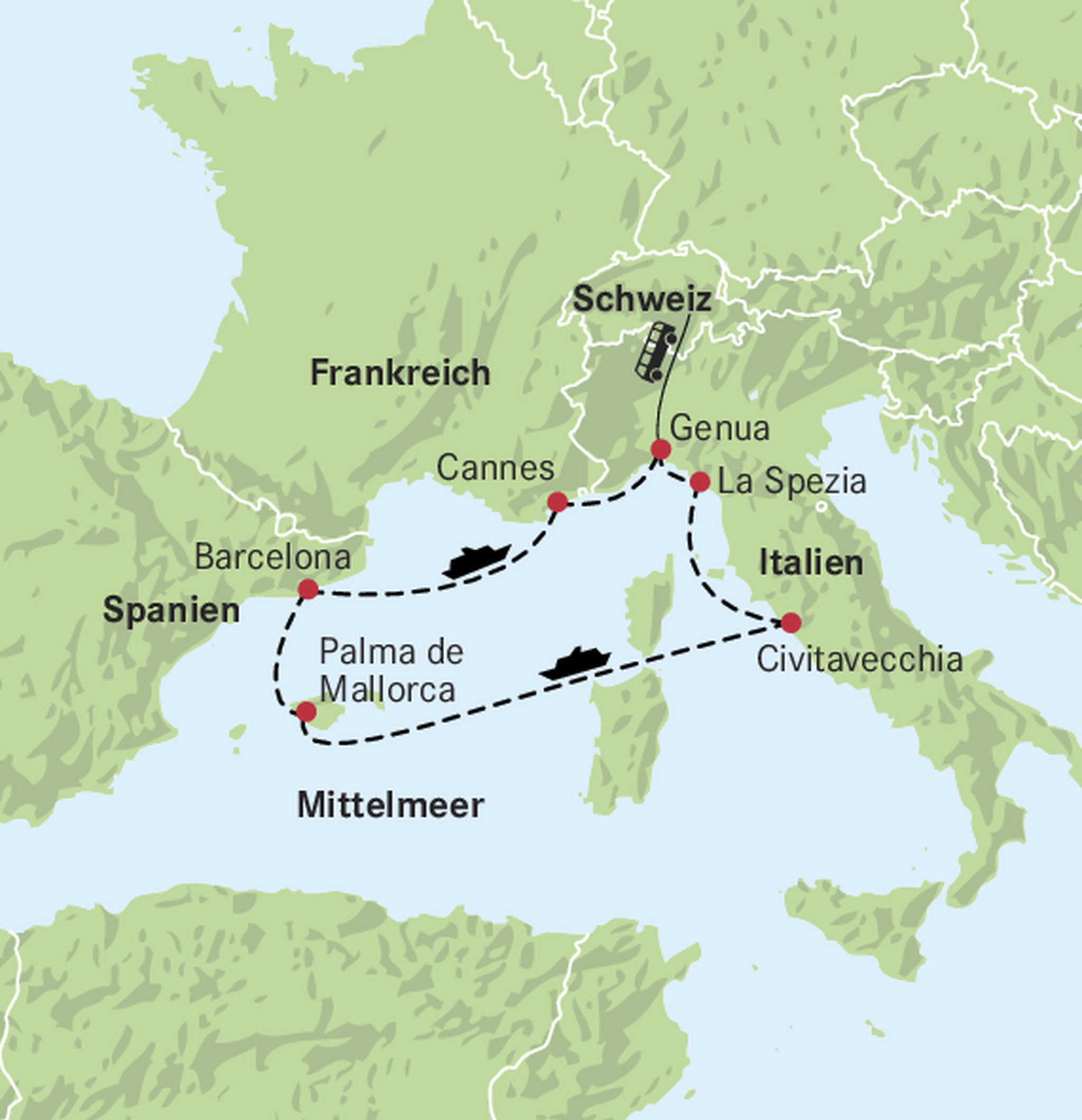 Karte Genua, La Spezia, Civitavecchia, Palma, Barcelona, Cannes, Genua