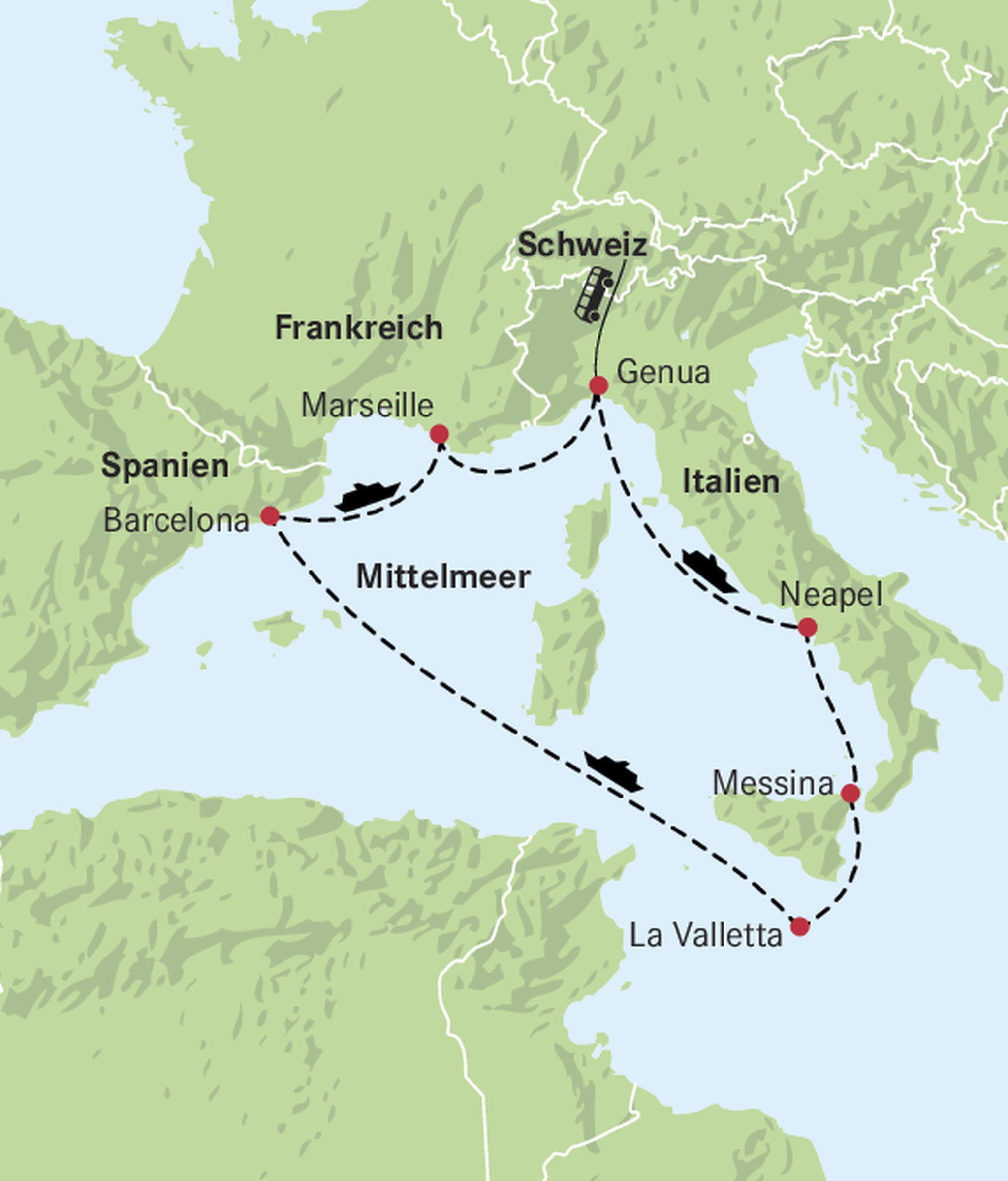 Karte Genua, Neapel, Messina, Valletta, Barcelona, Marseille, Genua