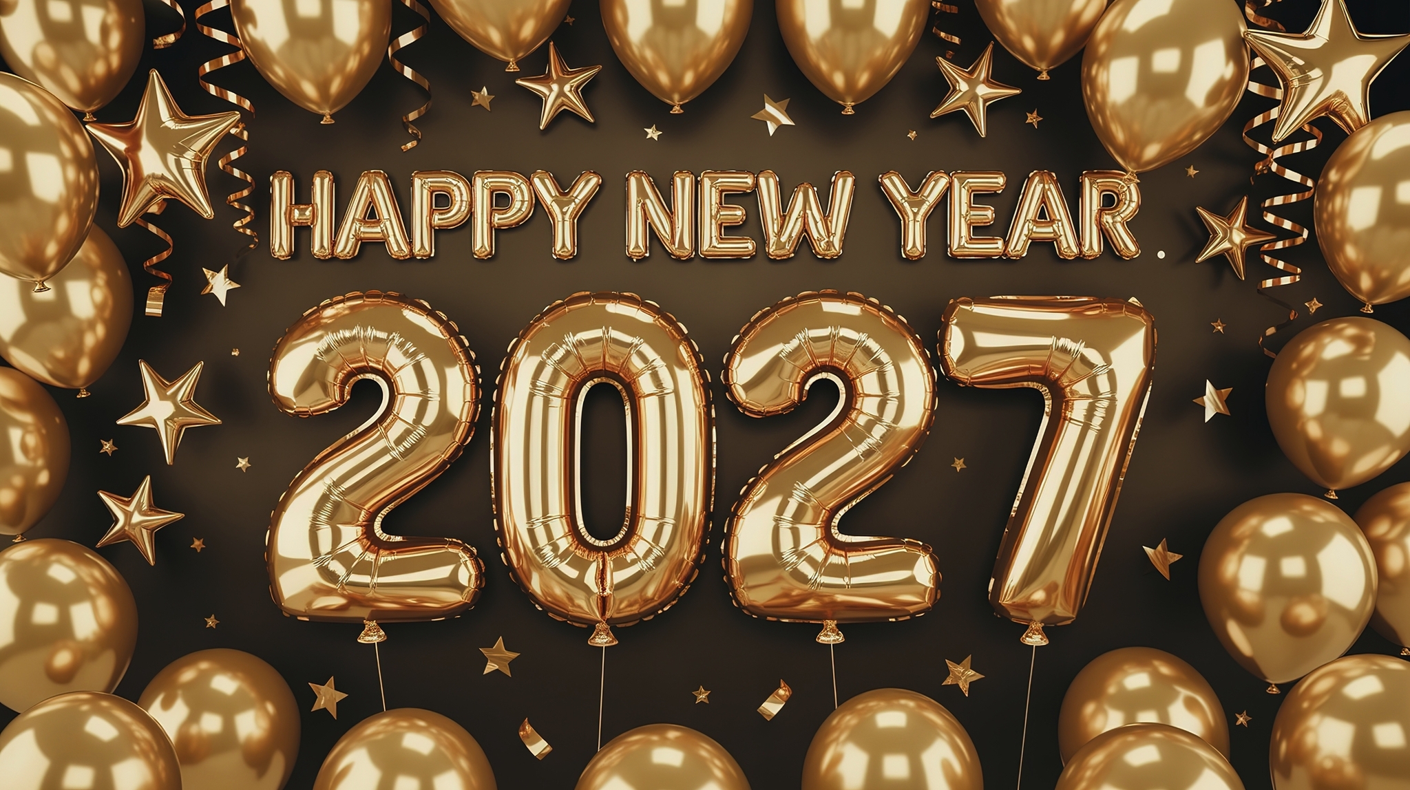 Goldene Luftballons mit "Happy New Year 2027" auf schwarzem Hintergrund.