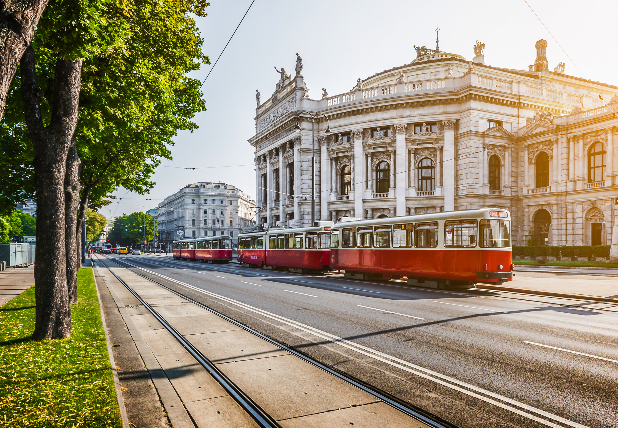 Straßenbahn fährt vor einem historischen Gebäude entlang einer Allee.