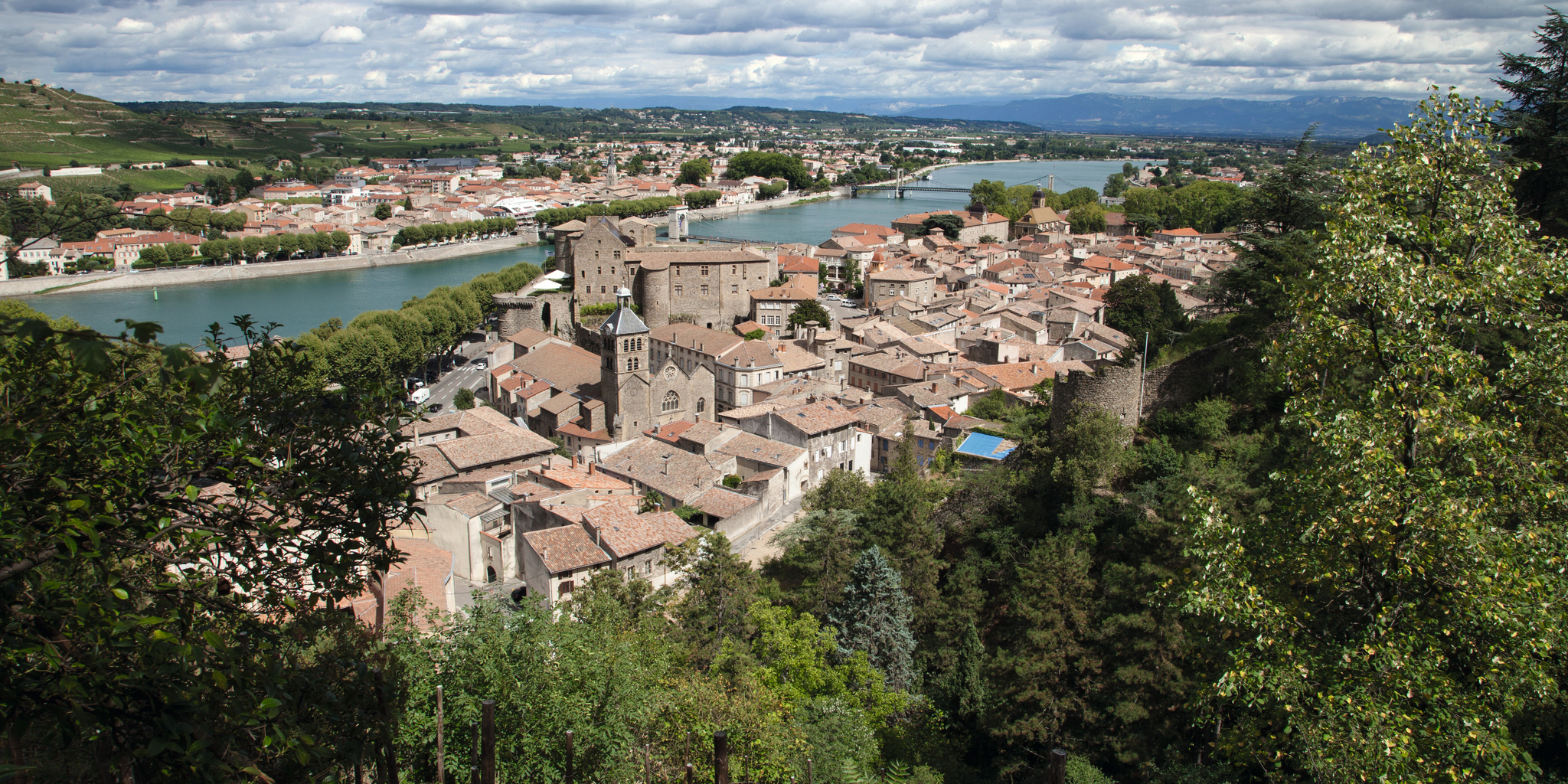 Blick auf eine historische Stadt mit Fluss und umliegenden Bäumen an einem bewölkten Tag.