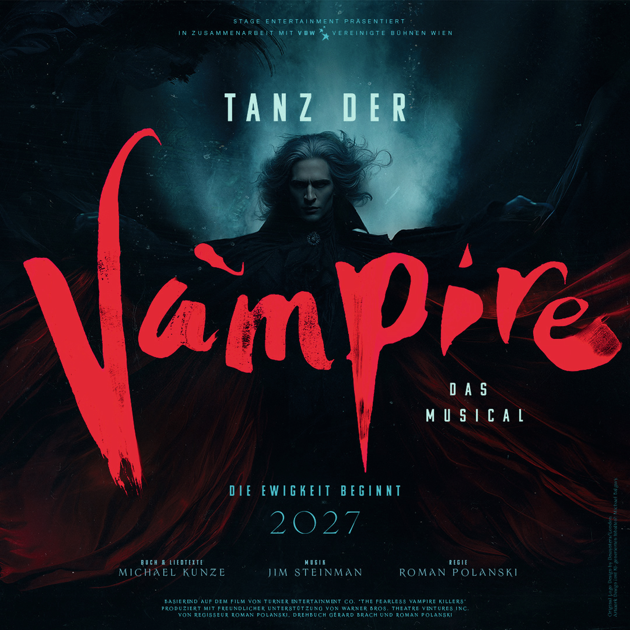 Poster für das Musical "Tanz der Vampire" mit rotem Schriftzug auf dunklem Hintergrund.