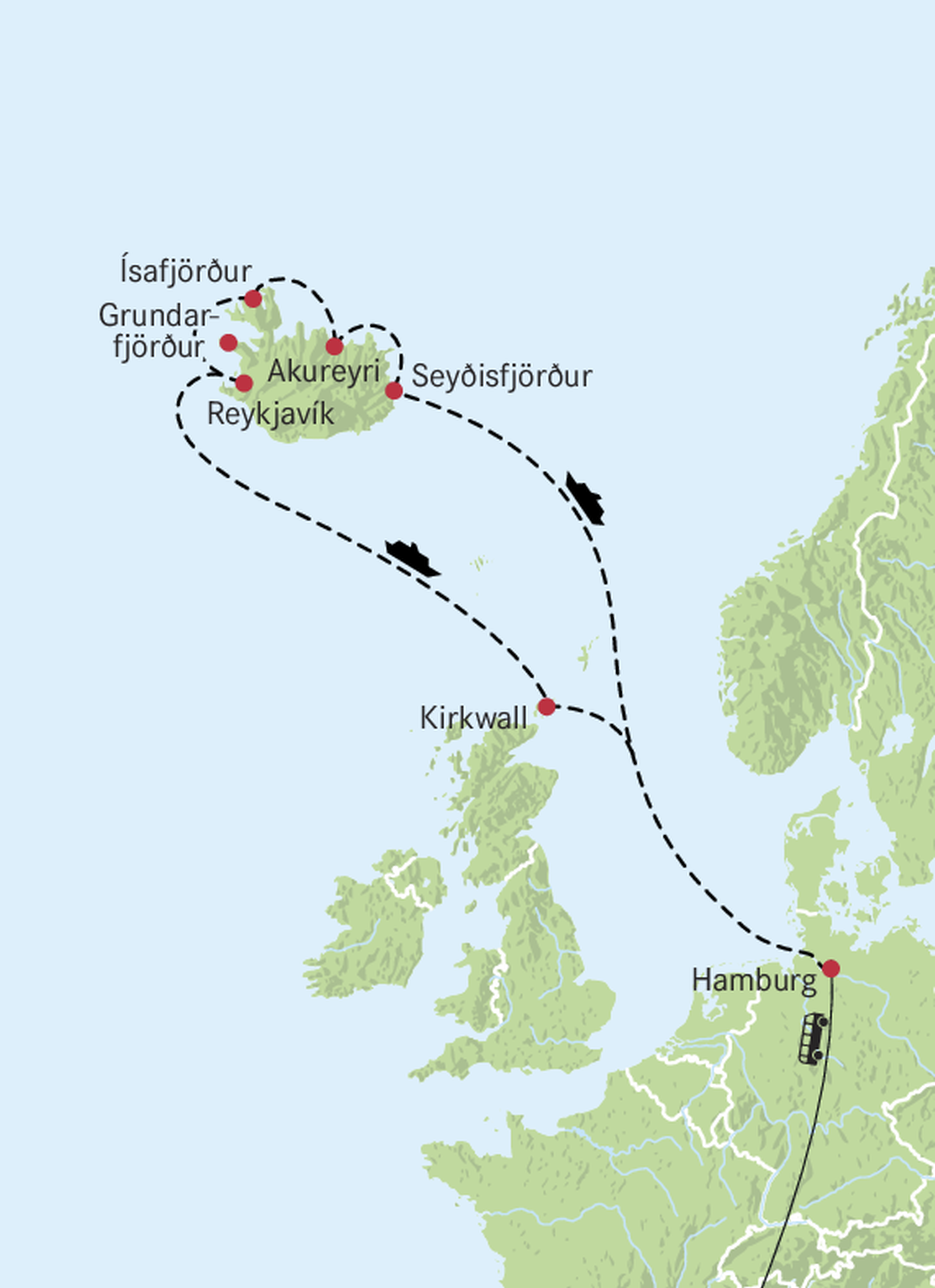 Karte Kreuzfahrt Island & Orkney