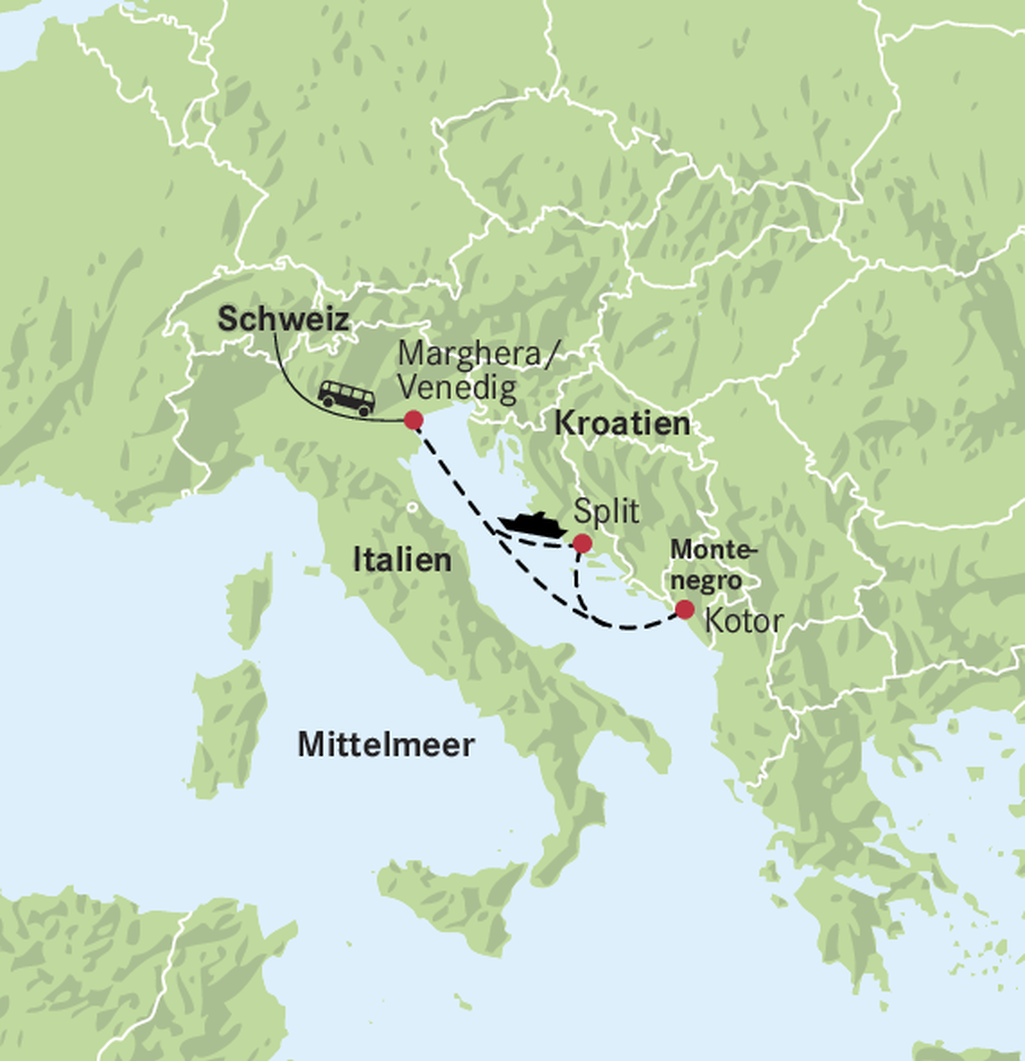 Karte Marghera-Kotor-Split
