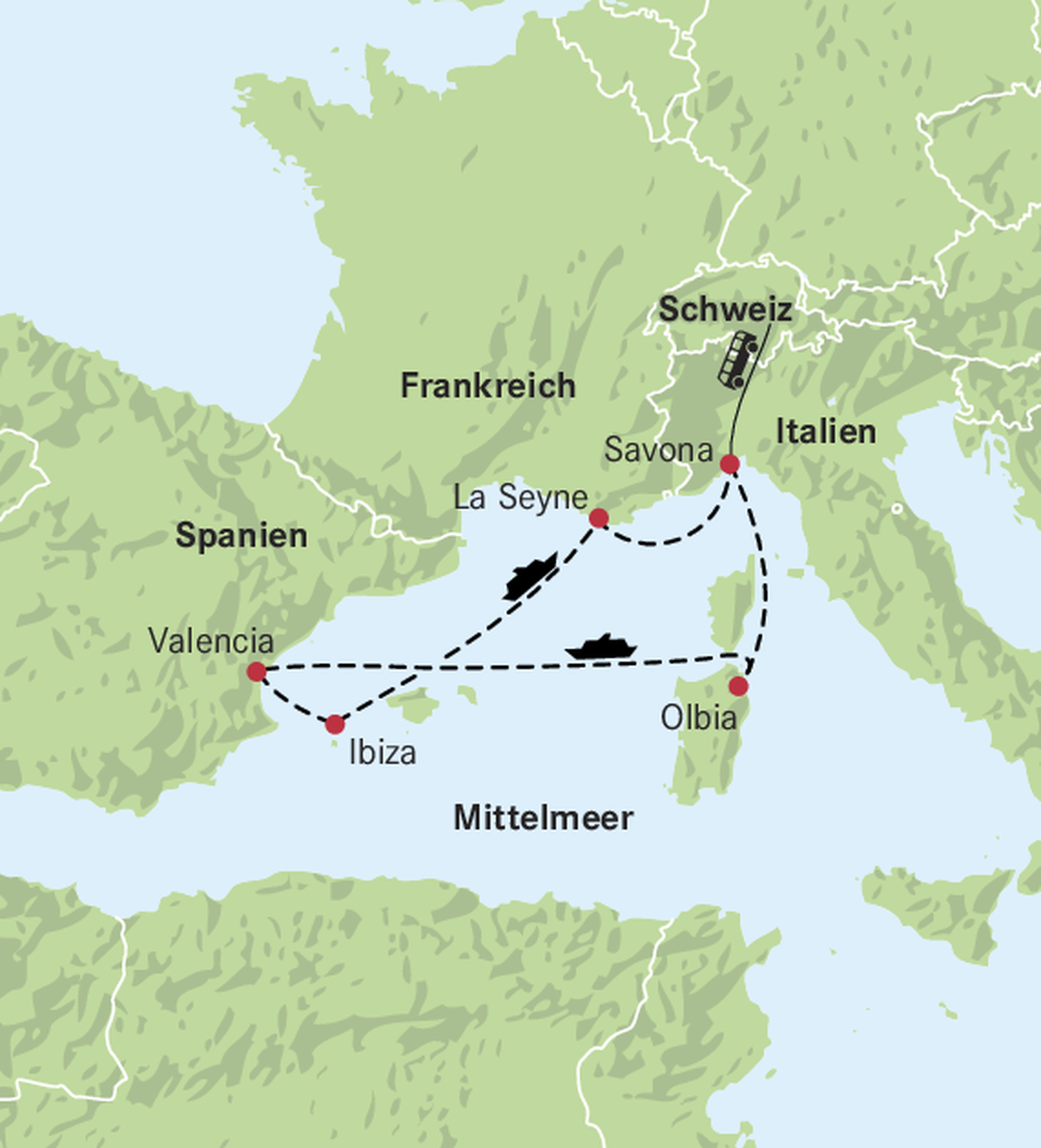 Karte Savona - Olbia - Valencia - Ibiza - La Seyne - Savona