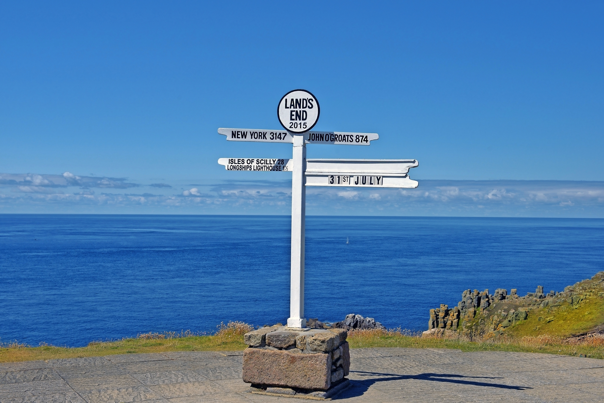 Abstand Wegweiser am Ende des Landes Bild