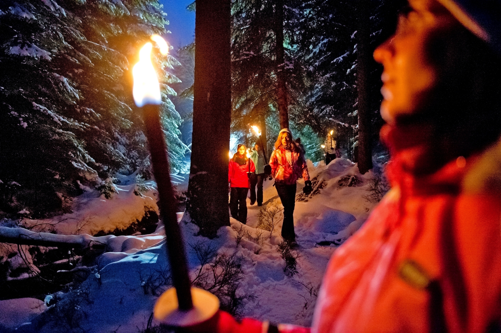 Gruppe von Menschen, die in einem verschneiten Wald bei Nacht mit Fackeln wandern.