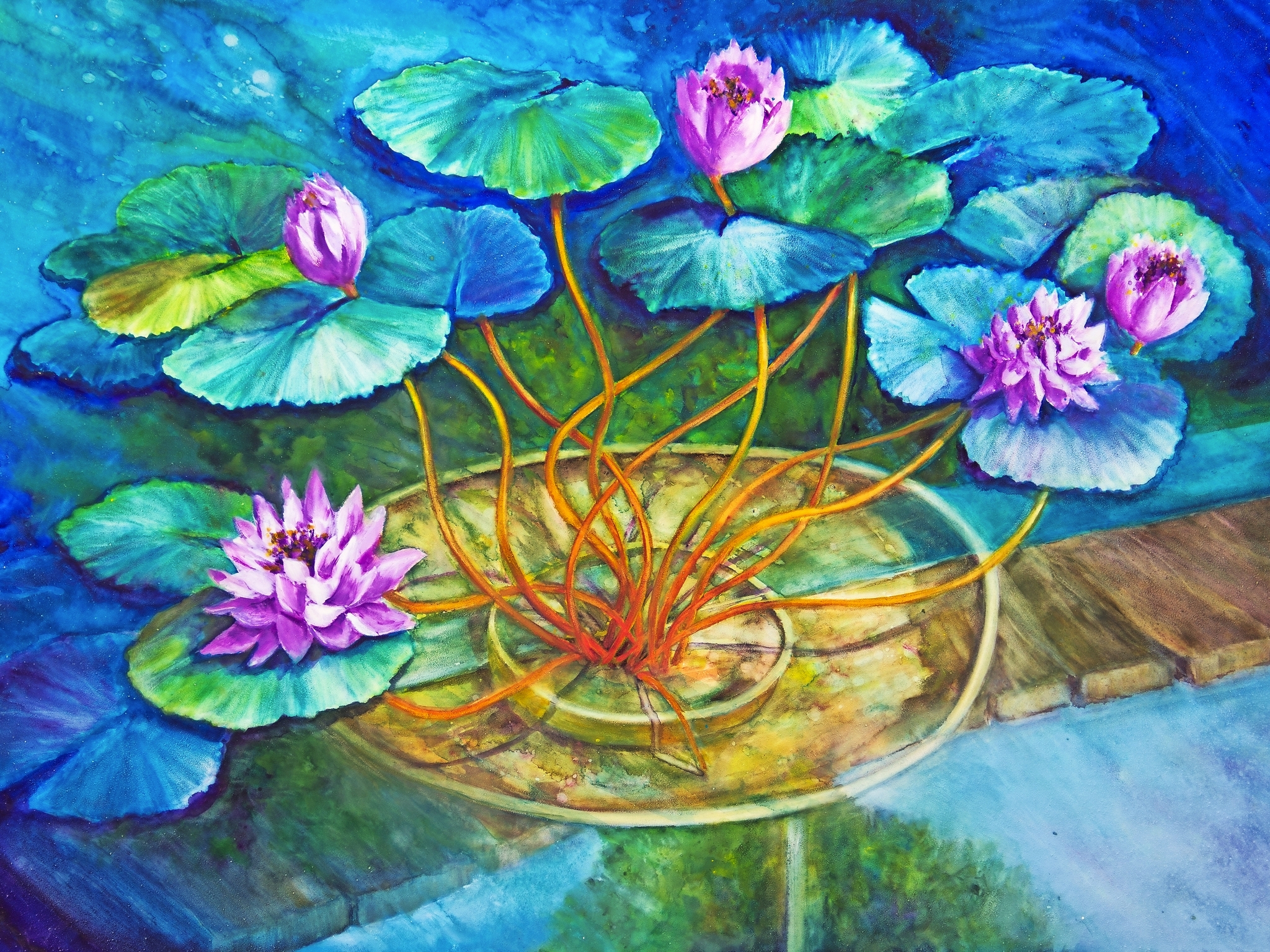 Gemälde von Seerosen mit violetten Blüten und grünen Blättern auf blauem Hintergrund.